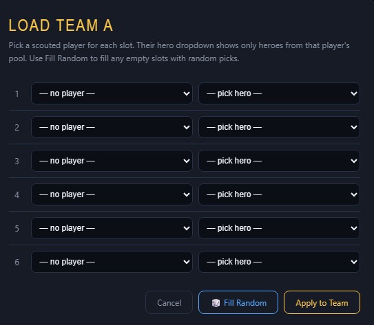 Load Team modal — one row per slot, pick a scouted player then one of their heroes