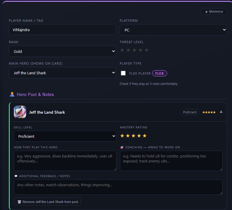 Expanded hero entry — skill level, mastery stars, playstyle, coaching, feedback