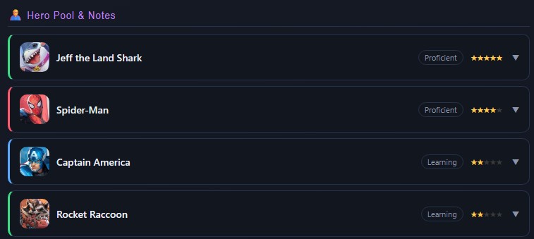 Hero Pool and Notes list, collapsed rows showing skill label and star rating