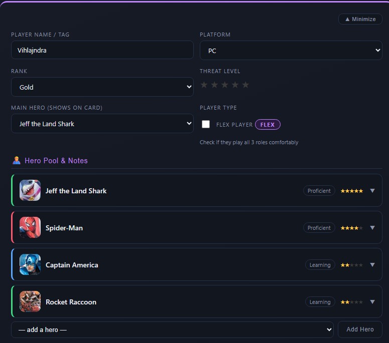 Player card top section — name, platform, rank, threat level, main hero, player type