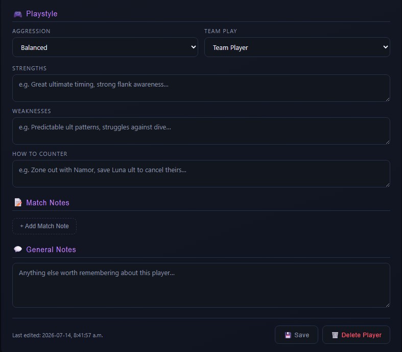 Playstyle section — aggression, team play, strengths, weaknesses, counter, match notes, general notes